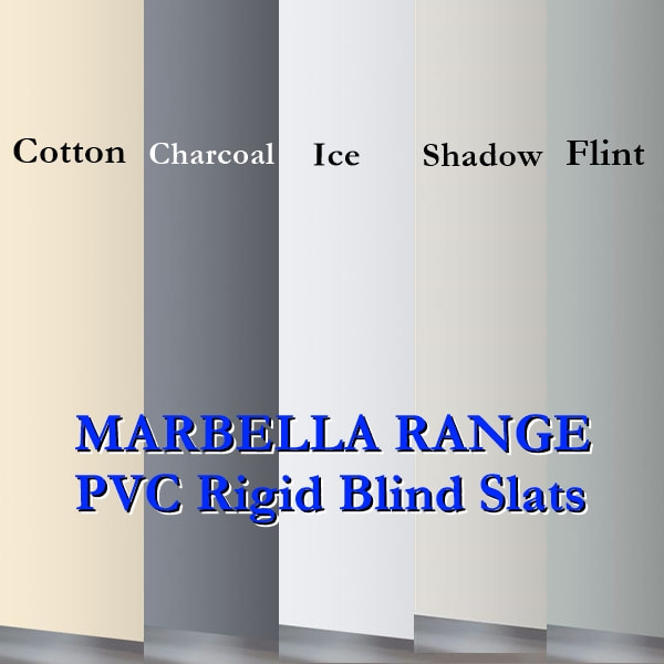 PVC Vertical Blind replacement Rigid Slats in Marbella range of colours